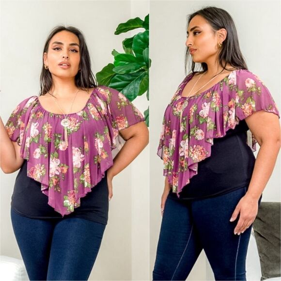 Harmony In Nature Tops - Plus Chiffon Layered Top and Necklace